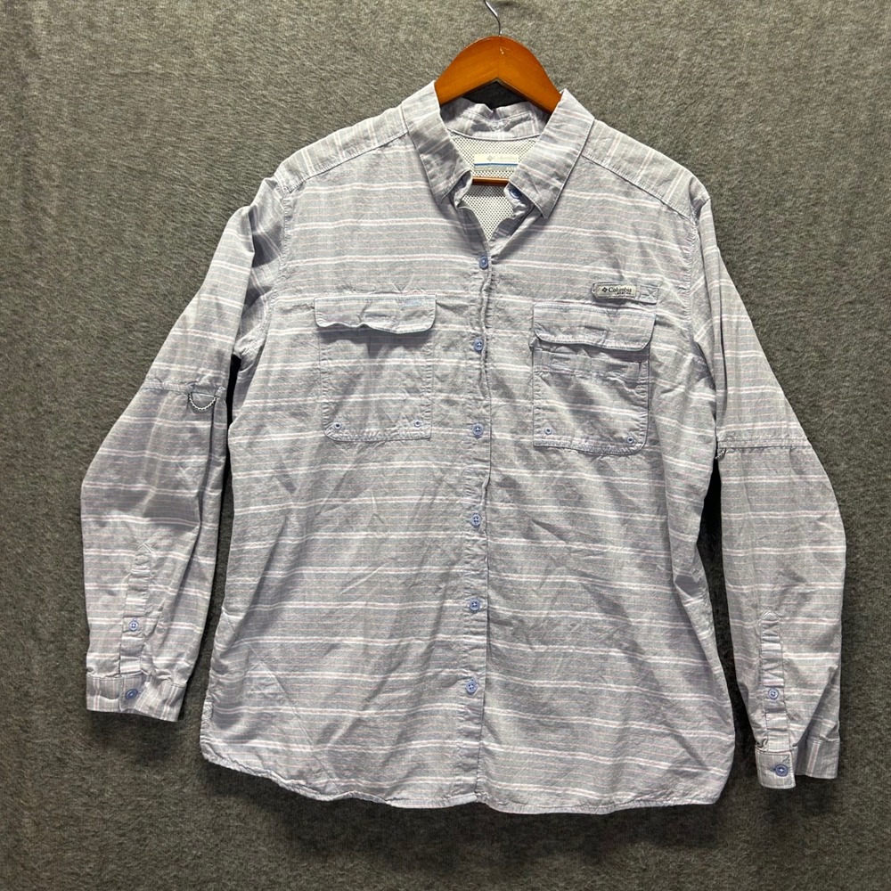Columbia PFG Striped Long Sleeve Shirt‎ Women XL Blue Pink Performance Fishing